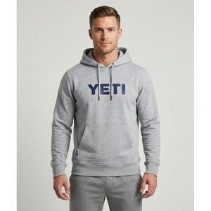 YETI Mens Logo Hoodie Heather Gray Navy Blue Fleece Pullover Sweatshirt Small